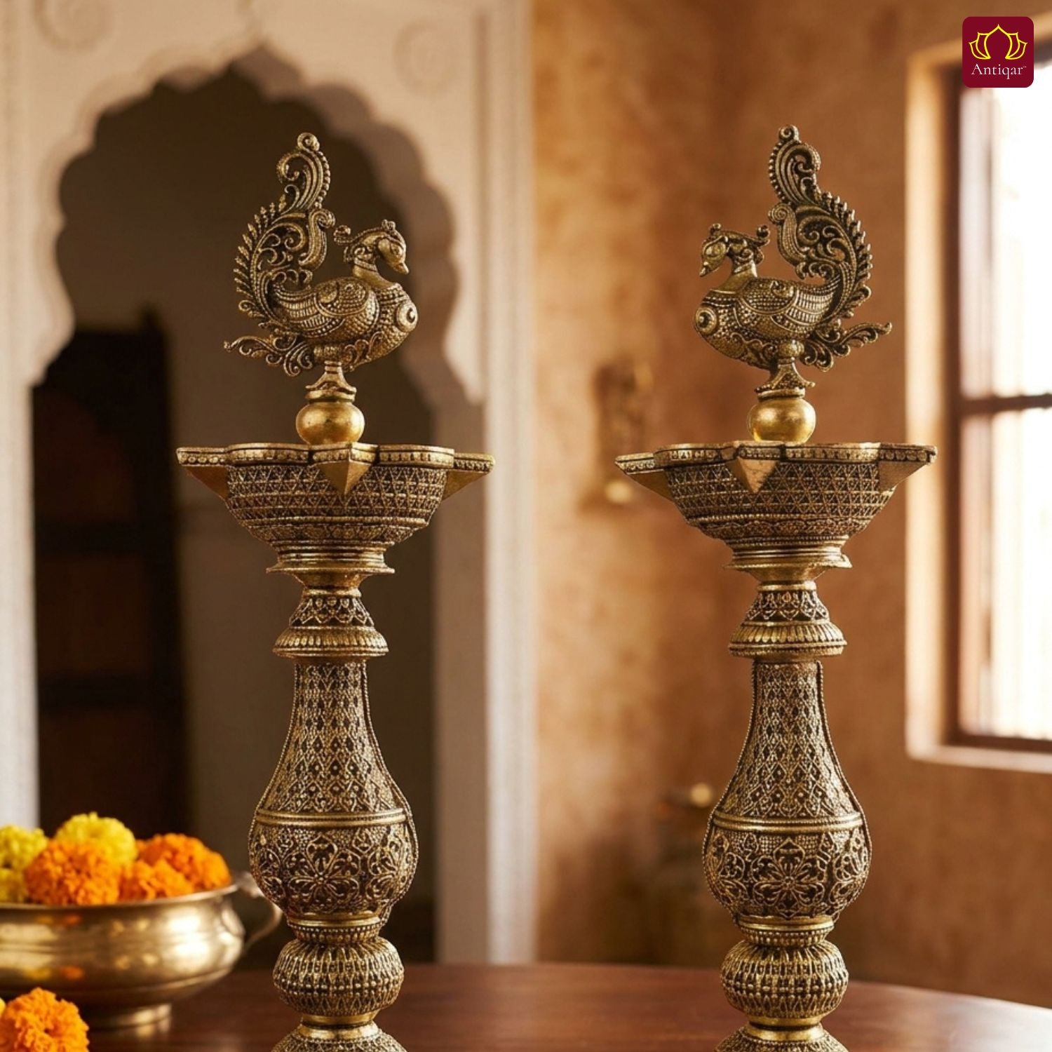 Brass Peacock Oil Lamp –20 cm | Antique Finish | Handcrafted Decor for Temple, Table & Home (Pack of 2)