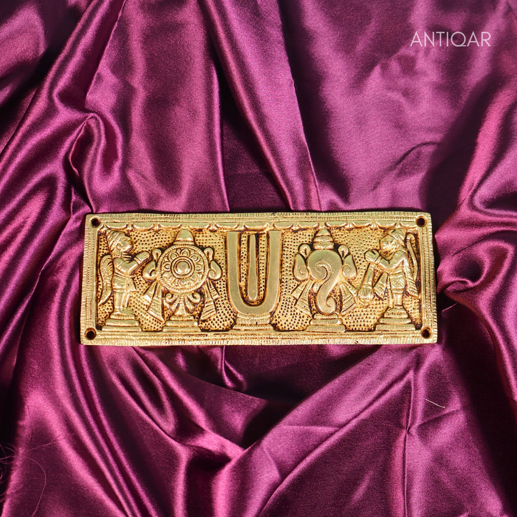 Brass Shankh Chakra Wall Plate – 8 cm | Antique Golden Finish | Handcrafted Spiritual Decor for Temple, Door, Wall & Home