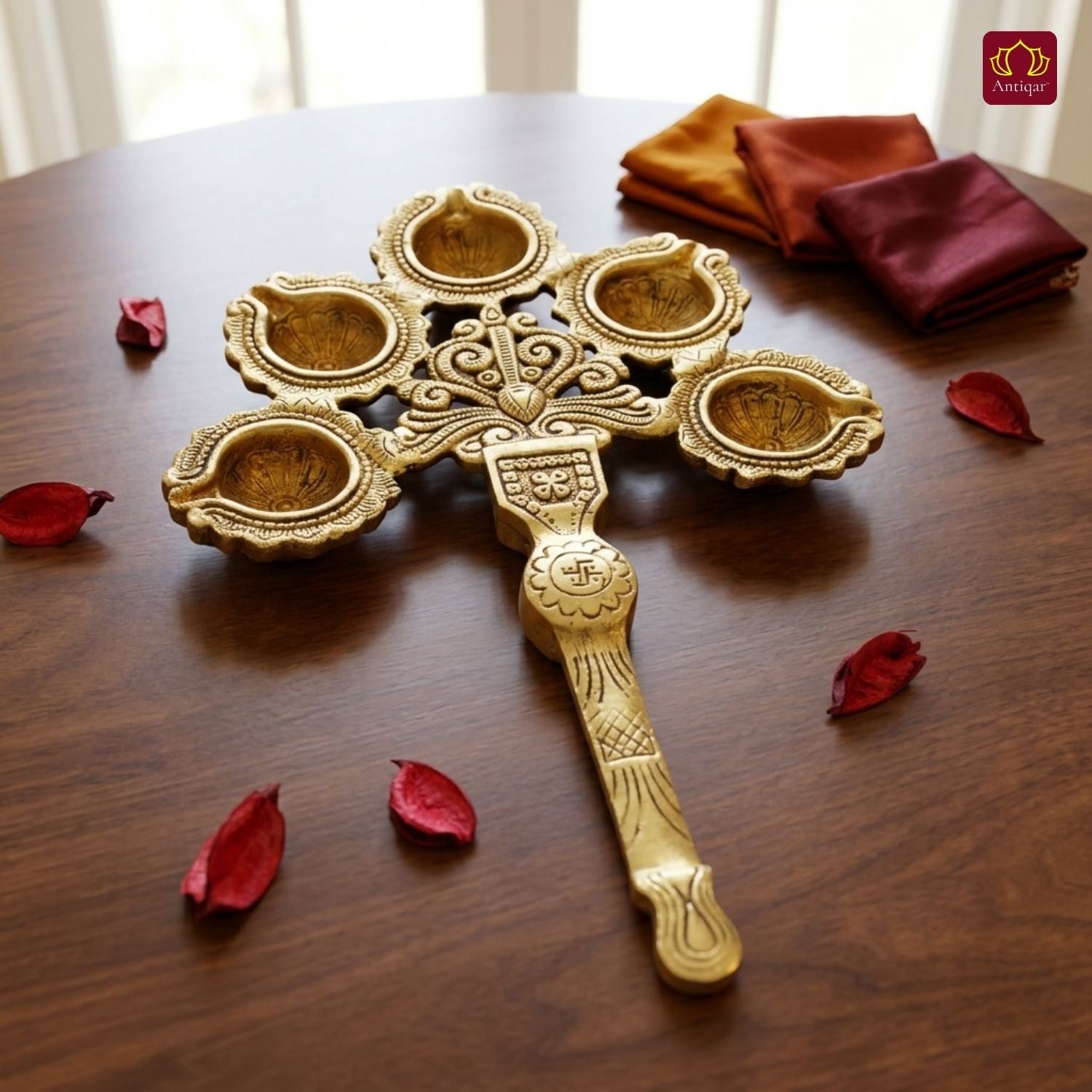 Brass Panch diya Aarti in Vintage Design Handle - 3cm | Antique Golden Finish | Handcrafted for Pooja Temple & Festival Decor