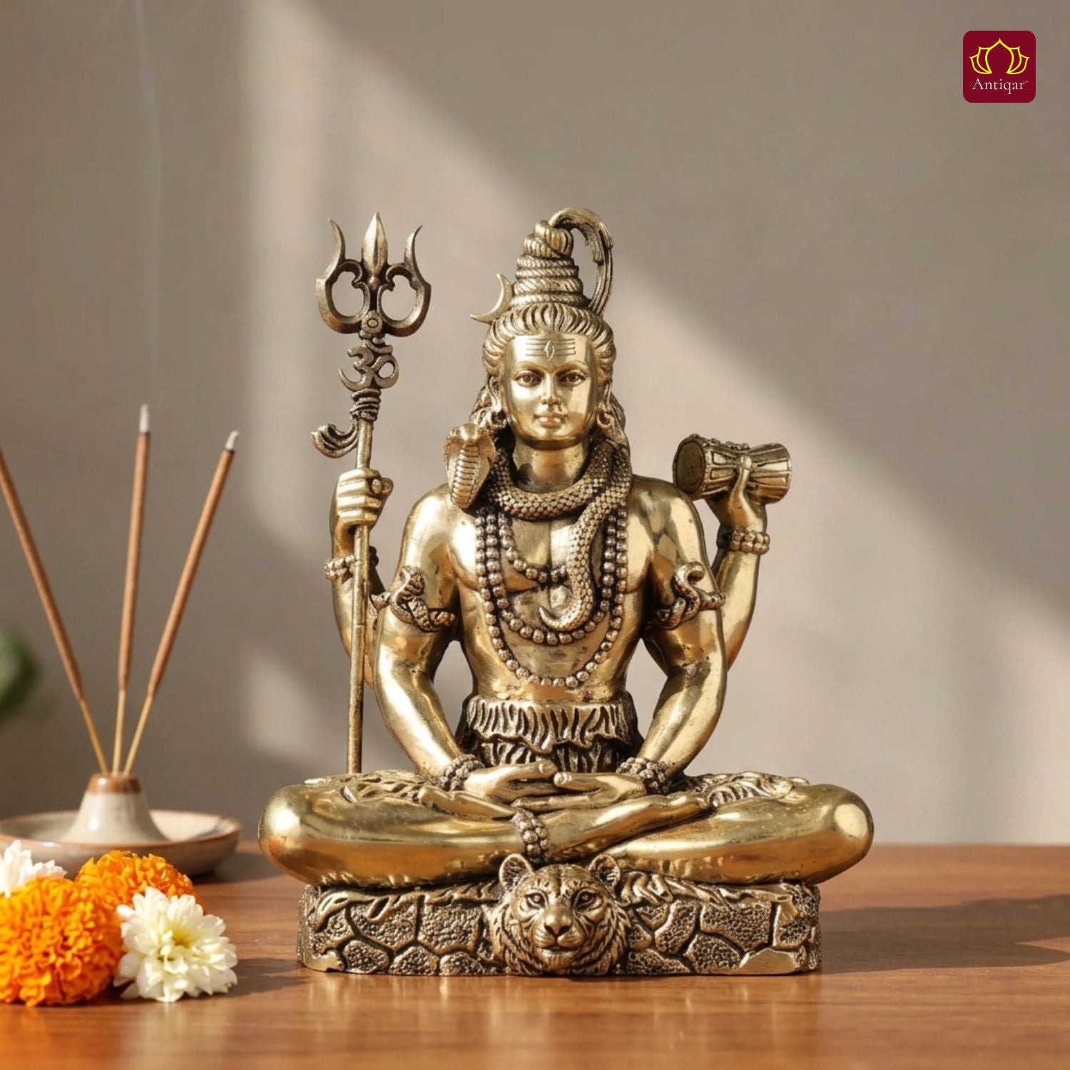 Brass Shiv Ji Idol - 10 cm | Antique Finish with Trisul | Spiritual use for Temple, Home & Car Decor