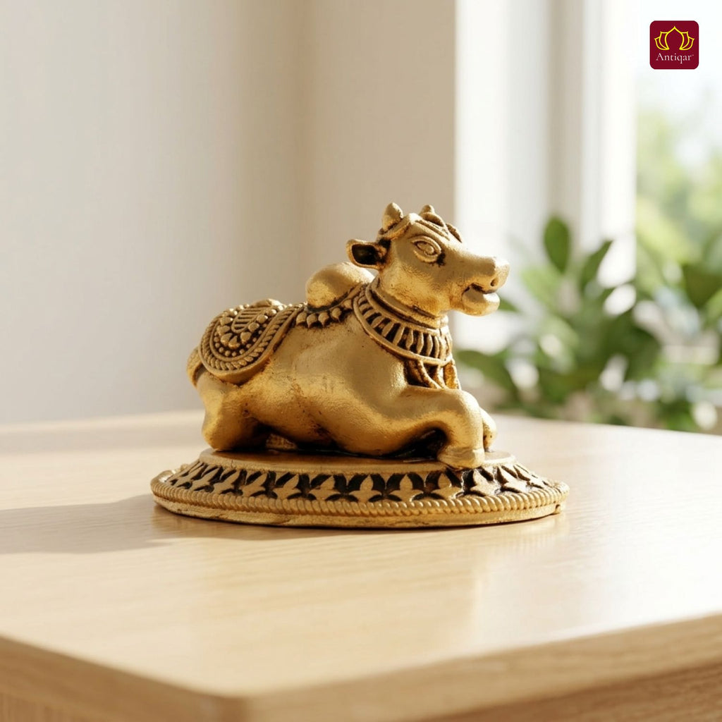 Brass Nandi Figurine - 3.5cm | Antique Golden Finish | Spritual use for Home, Temple & Car Dashboard Decor
