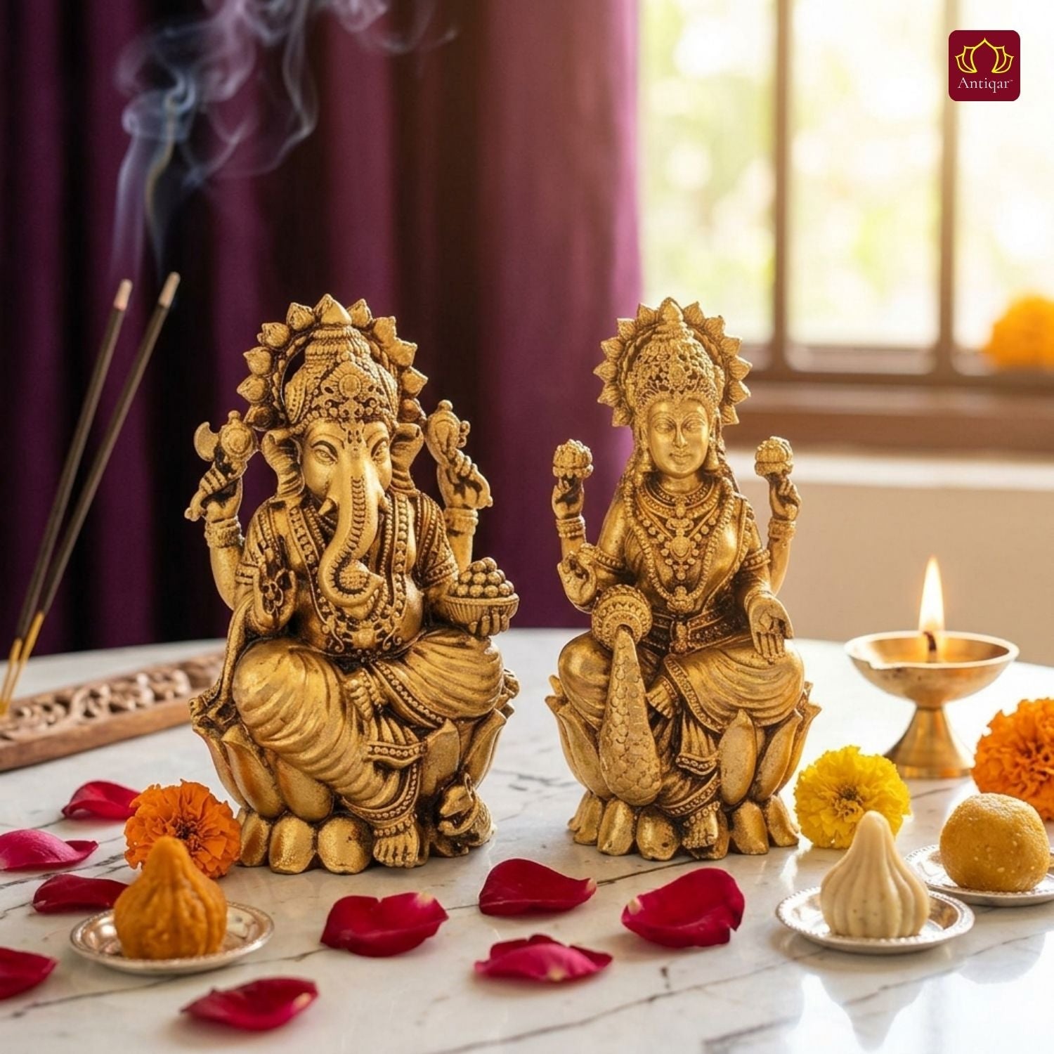Brass Ganesh Laxmi pair Idol - 7.5cm | Antique Finish | Spiritual Idol for Temple & Home Decor