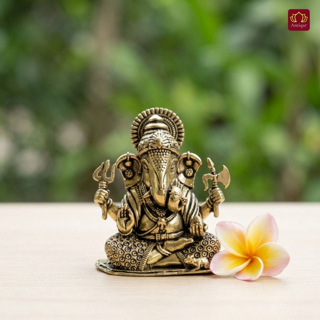 Brass Ganesh Idol - 5.5cm | Antique Finish | Spritual use for Home, Temple & Car dashboard Decor