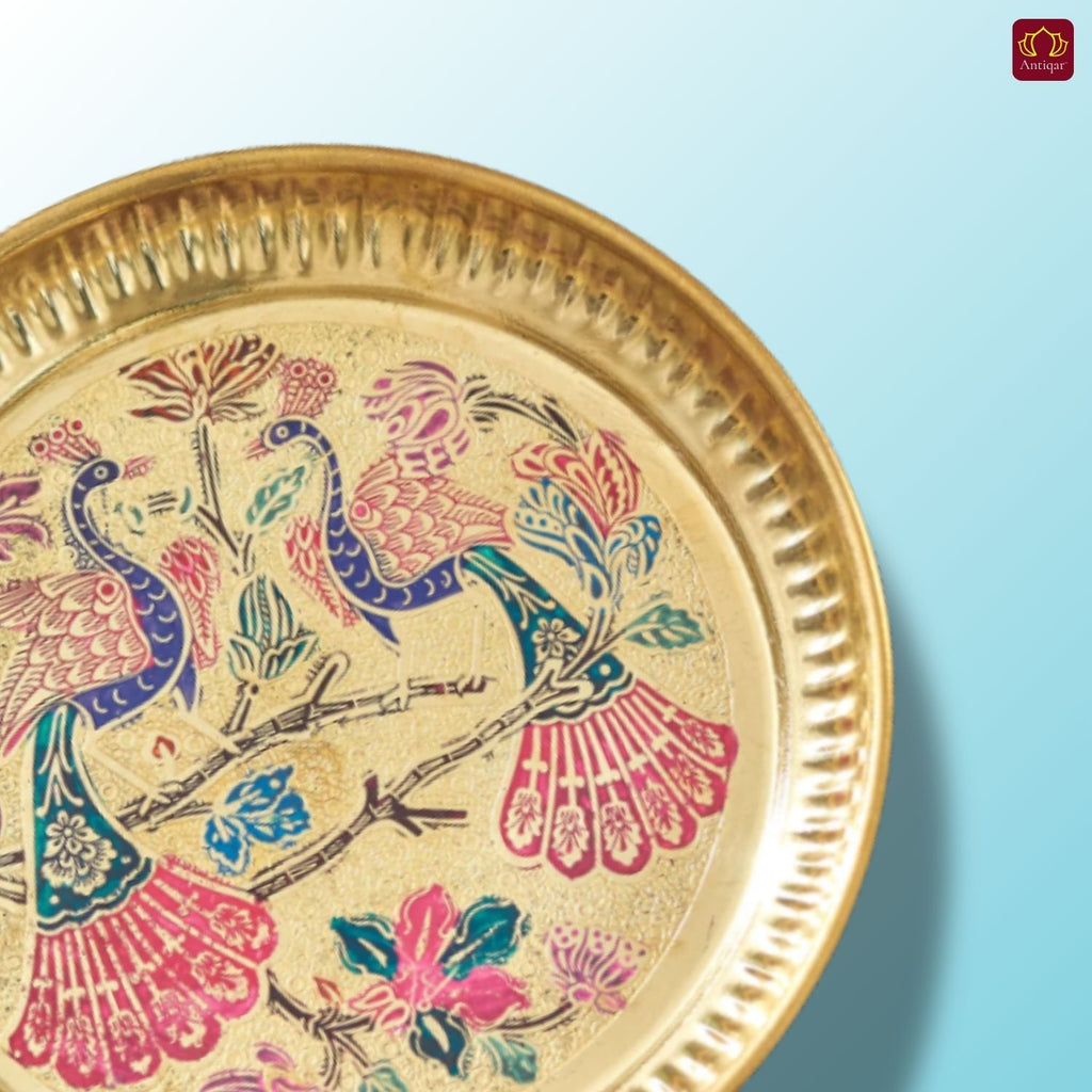 Brass Meenakari Etched Plate – 18 cm | Embossed Peacock & Floral Design | Ideal for Serving Sweets, Fruits & Bhog Offerings