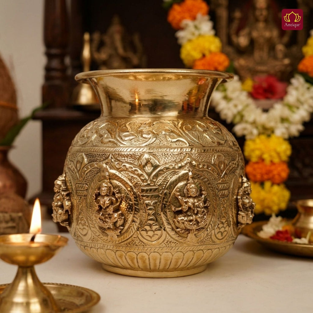 Brass Ashta Lakshmi Kalash - 12cm | Antique Yellow Finish | Spritual use for Pooja, Temple & Festival Decor
