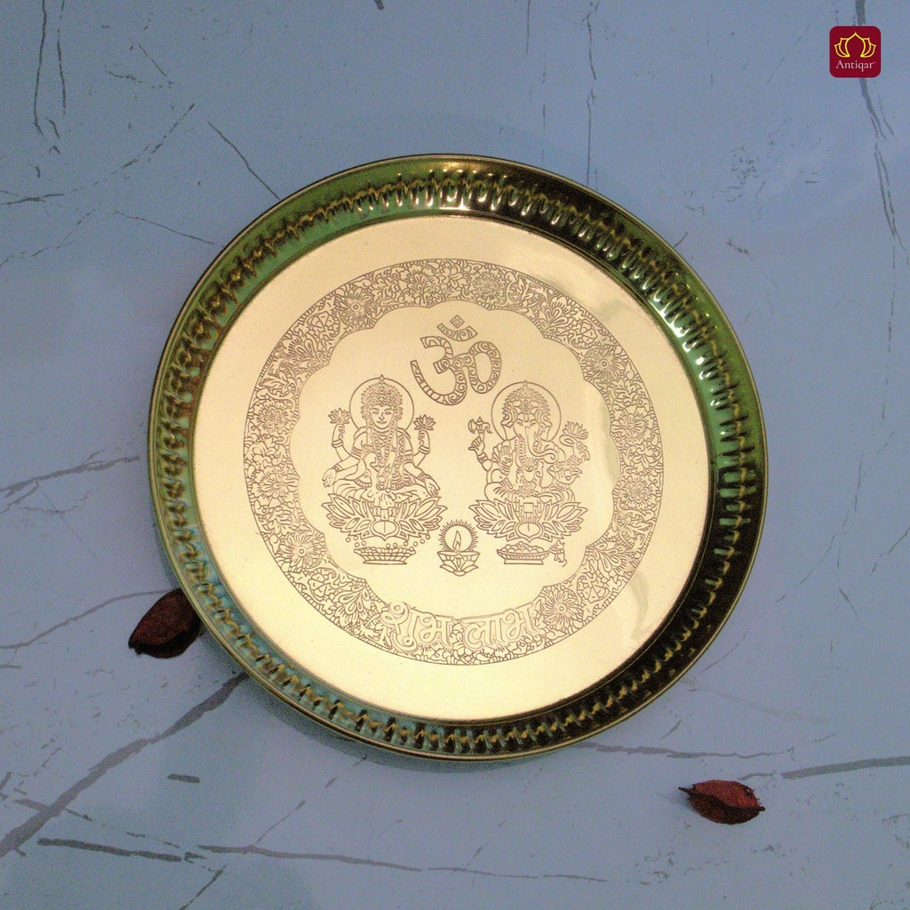 Brass Pooja Plate - 20cm diameter | Etched Design with Ganesh Laxmi, Diya & Shubh Labh | Ideal for Temple & Home Rituals