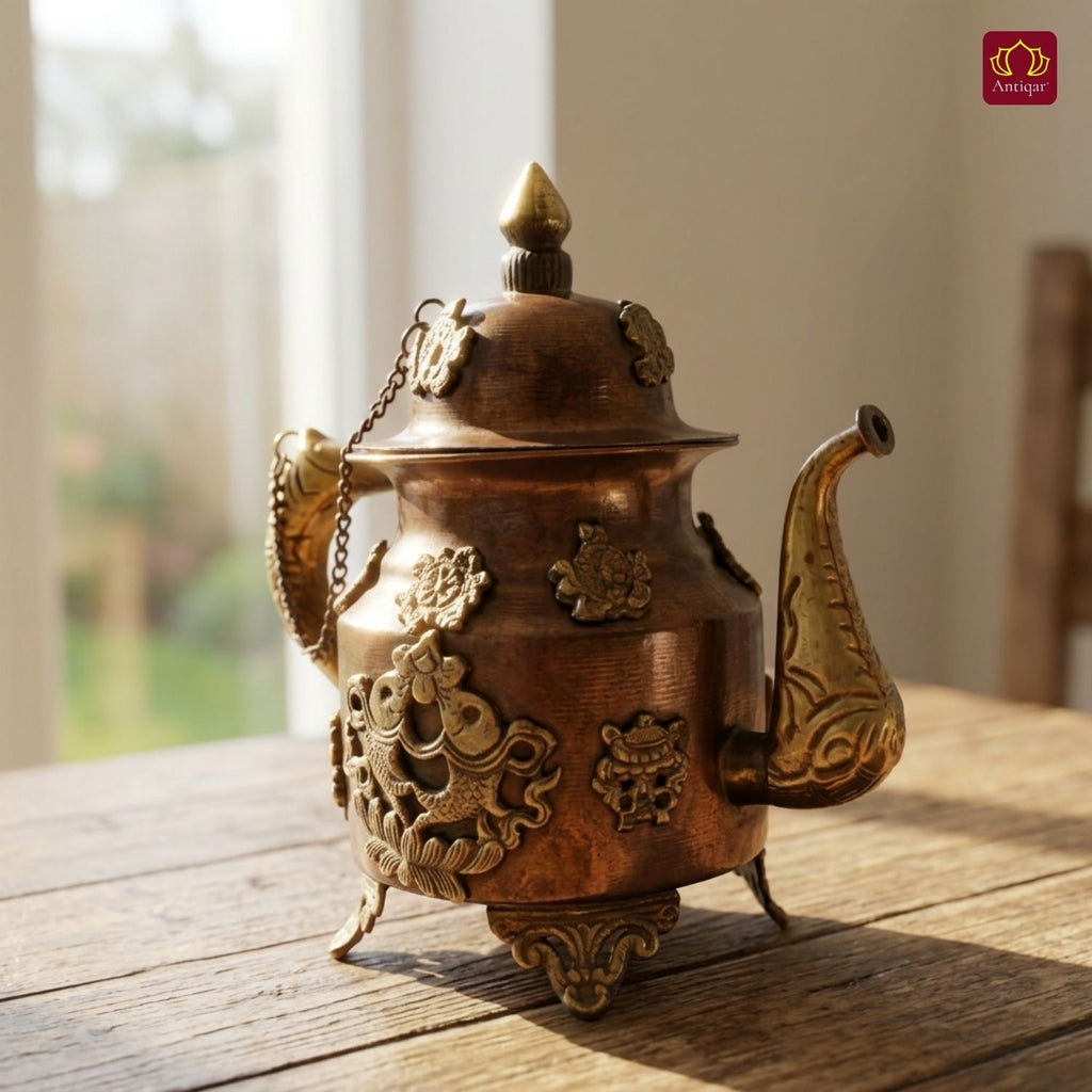 Tibetan Copper Tea & Coffe Kettle - 20cm | Antique Brown Finish |Traditional used for Serving Butter Tea & Spiritual Home Decor