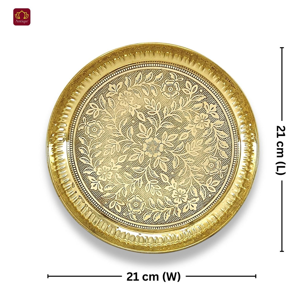 Brass Etching Floral Design Plate - 2.5cm | Serve Main Course items in Lunch & Dinner | Antique Golden Finish | Traditional Mughlai Style use for serving in Kitchen, Festivals and Restaurents