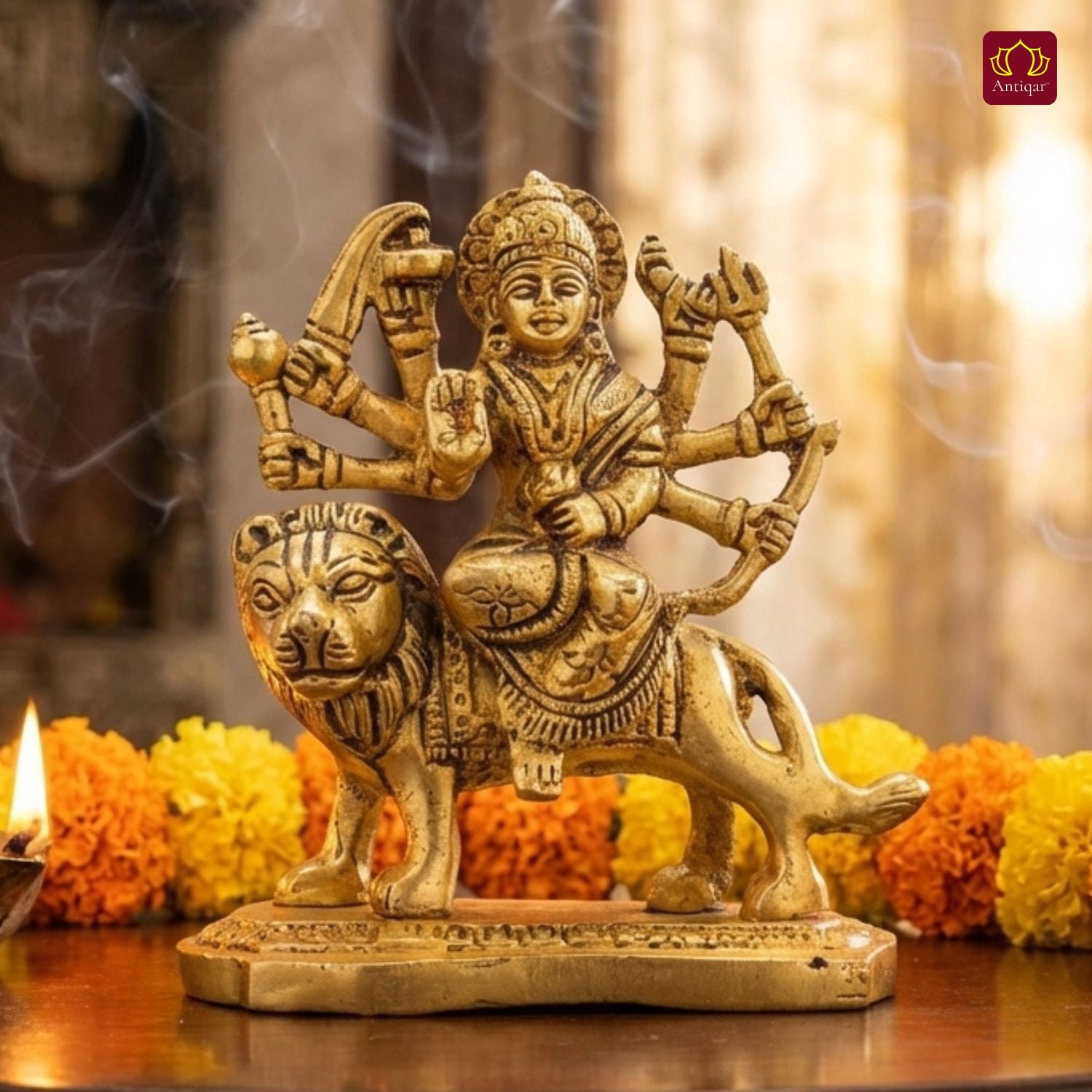 Brass Sherawali Mata Idol - 11 cm | Sitting on Lion | Antique Golden Finish | Handcrafted Idol for Temple, Home & Car Dashboard