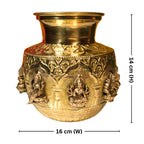Brass Ashta Lakshmi Kalash - 14cm | Antique Yellow Finish | Spritual use for Pooja, Temple & Festival Decor