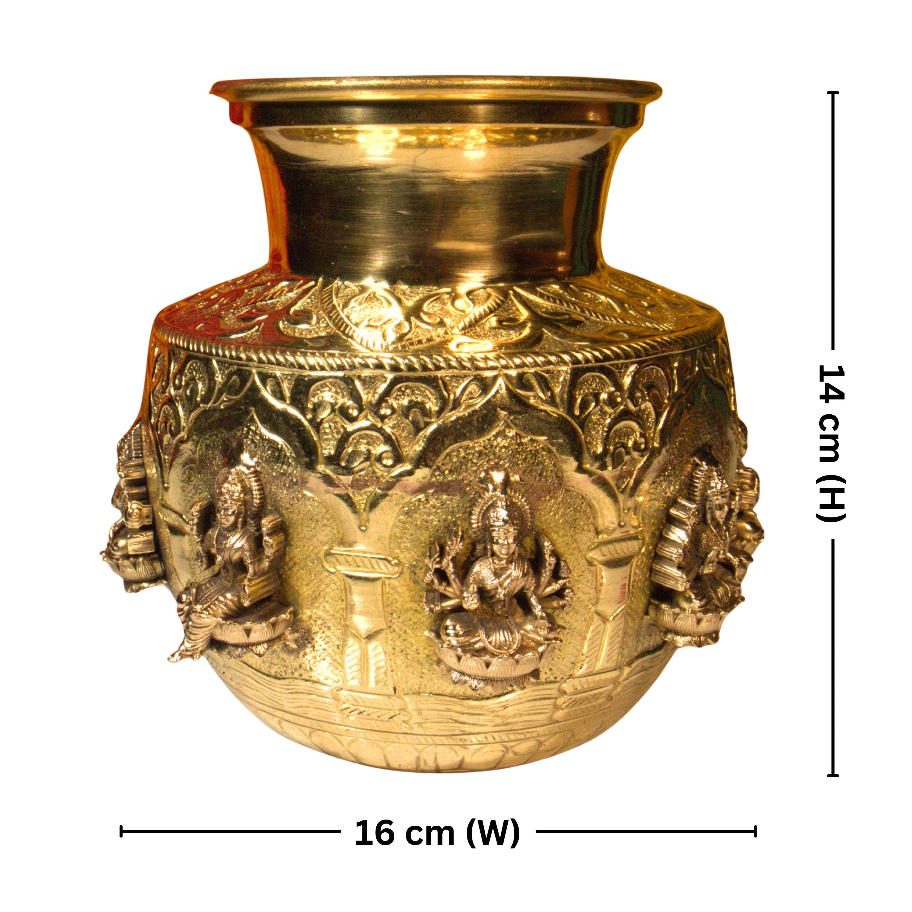 Brass Ashta Lakshmi Kalash - 14cm | Antique Yellow Finish | Spritual use for Pooja, Temple & Festival Decor