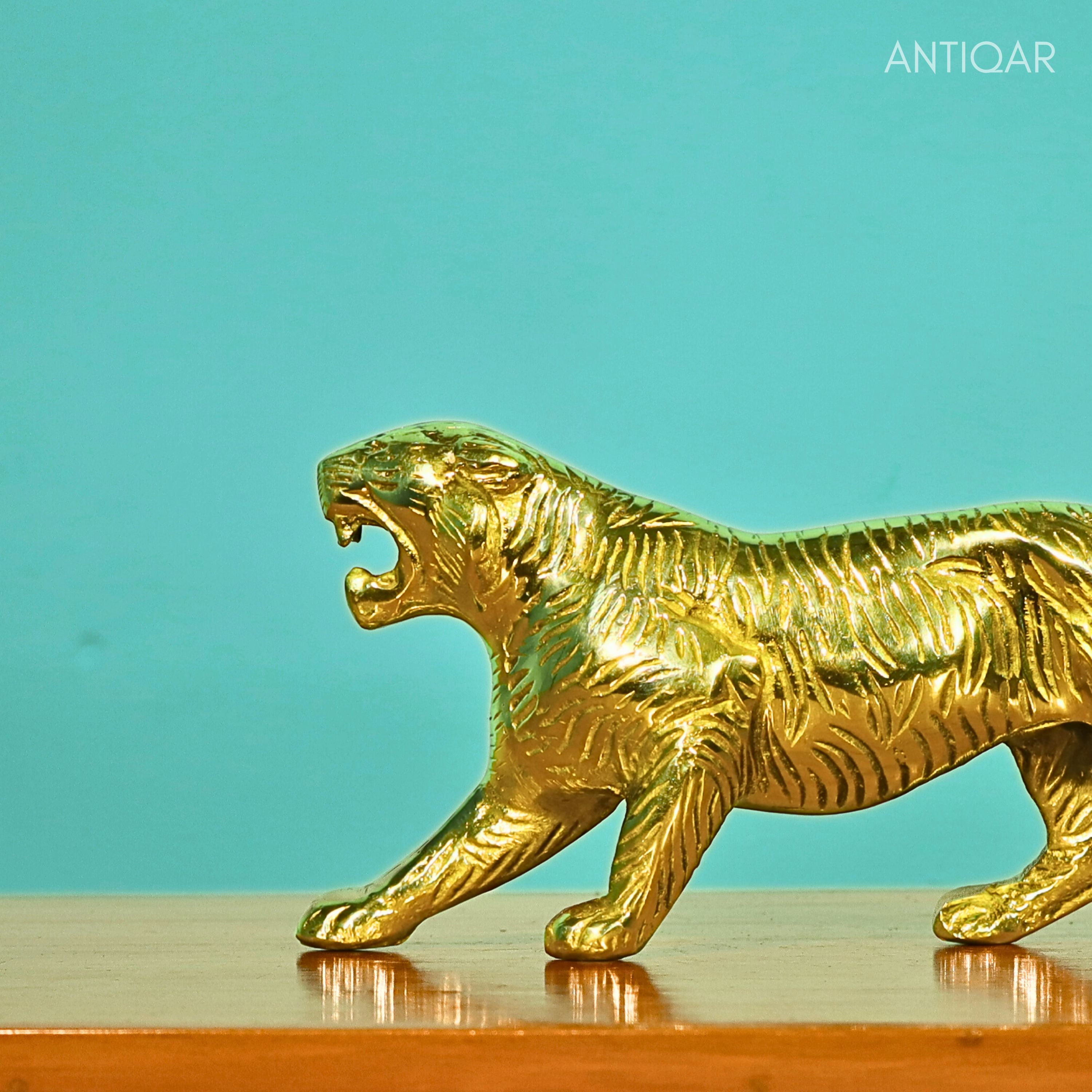 Brass Tiger Showpiece – 10cm | Antique Polished | Roaring Face in Walking Motion | Handcrafted for Home & Office Decor