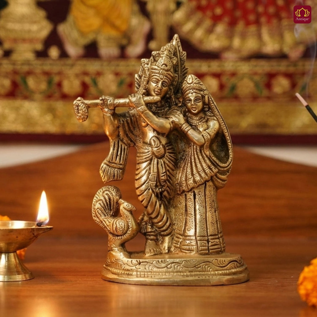 Radha Krishna Brass Idol with Peacock | Krishna Playing Flute with Radha | Handcrafted Single Piece for Home, Temple & Vehicle Decor