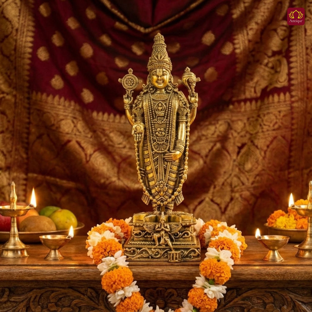 Brass Shree Venkateshwara Ji Idol - 15cm | Golden Finish | Spritual use for Home, Temple & Car Dashboard Decor