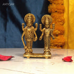 Brass Laxmi Narayan pair Idol - 8cm | Standing on Lotus | Antique Finish | Spiritual Idol for Temple & Home Decor