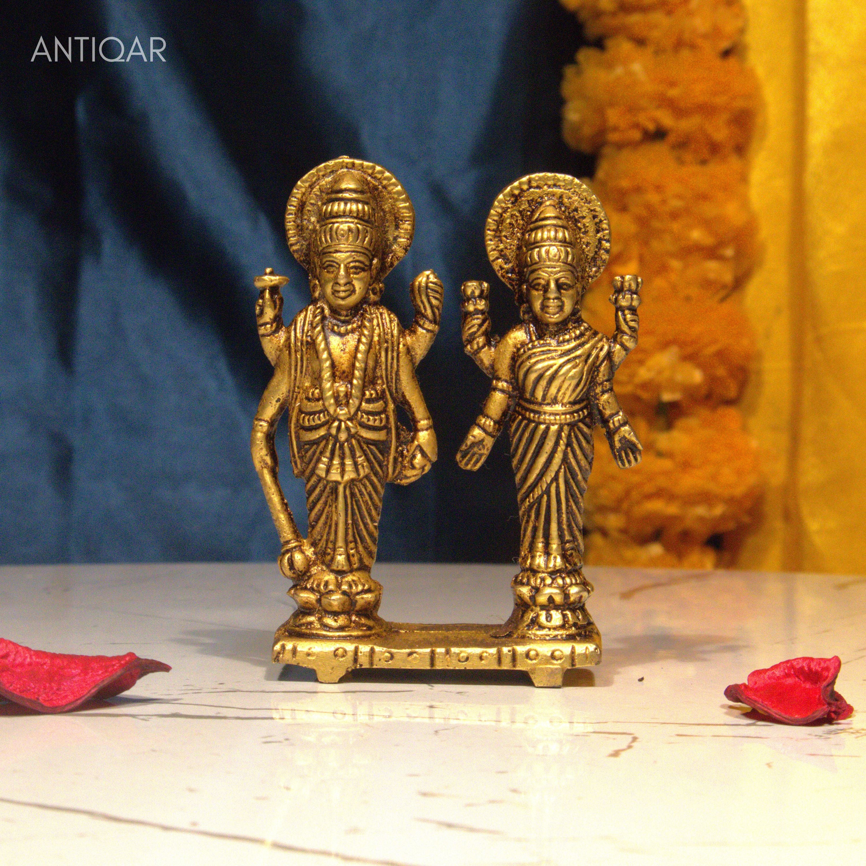 Brass Laxmi Narayan pair Idol - 8cm | Standing on Lotus | Antique Finish | Spiritual Idol for Temple & Home Decor