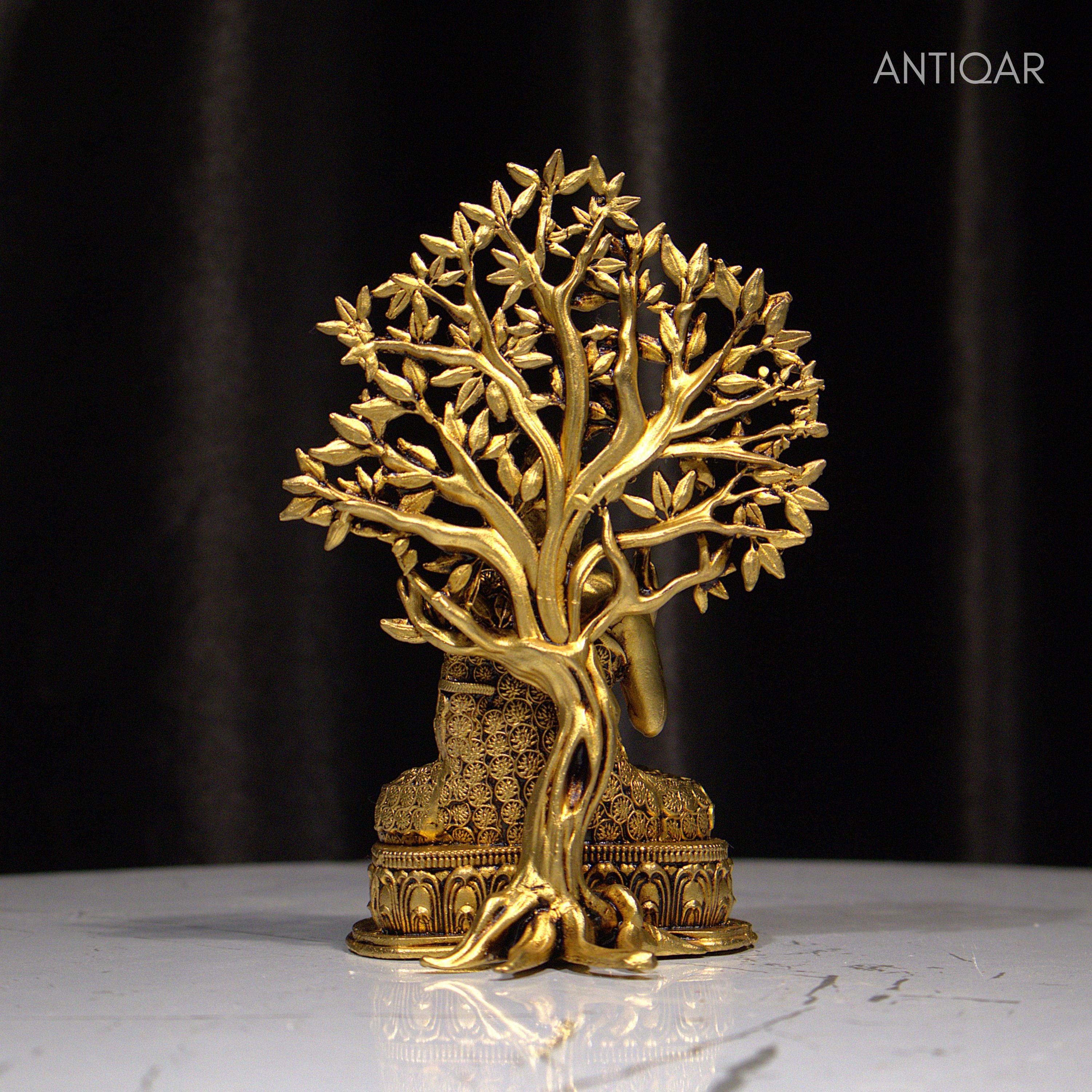 Brass Vintage Buddha Tree Statue – 13cm | Antique Golden Finish | Spiritual Statue for Temple, Home & Car Dashboard Decor