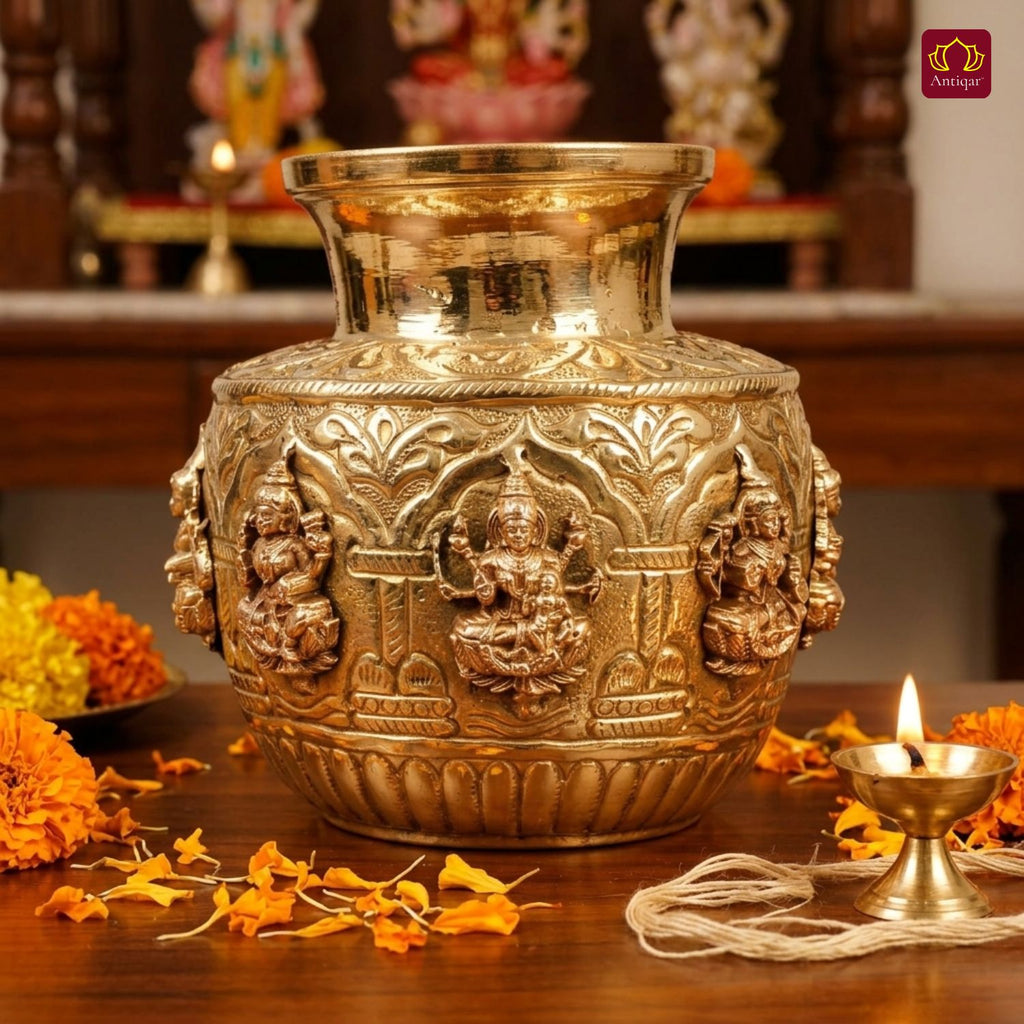 Brass Ashta Lakshmi Kalash - 11.5cm | Antique Yellow Finish | Spritual use for Pooja, Temple & Festival Decor