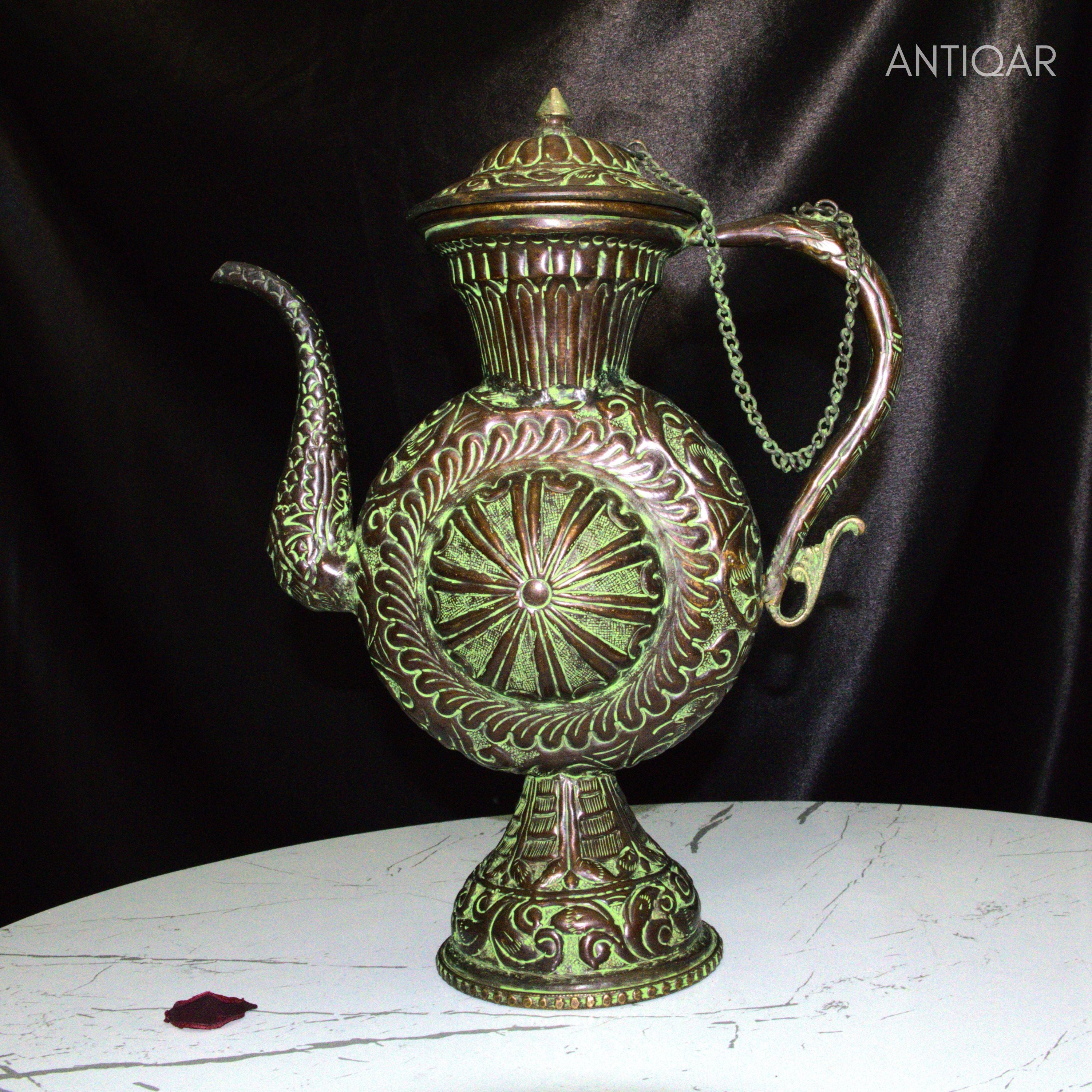 Antique Brass Tea & Coffee Kettle - 29cm | Green Patina Finish | Vintage  Mughlai Style use in Home,Office & Restaurant Decor