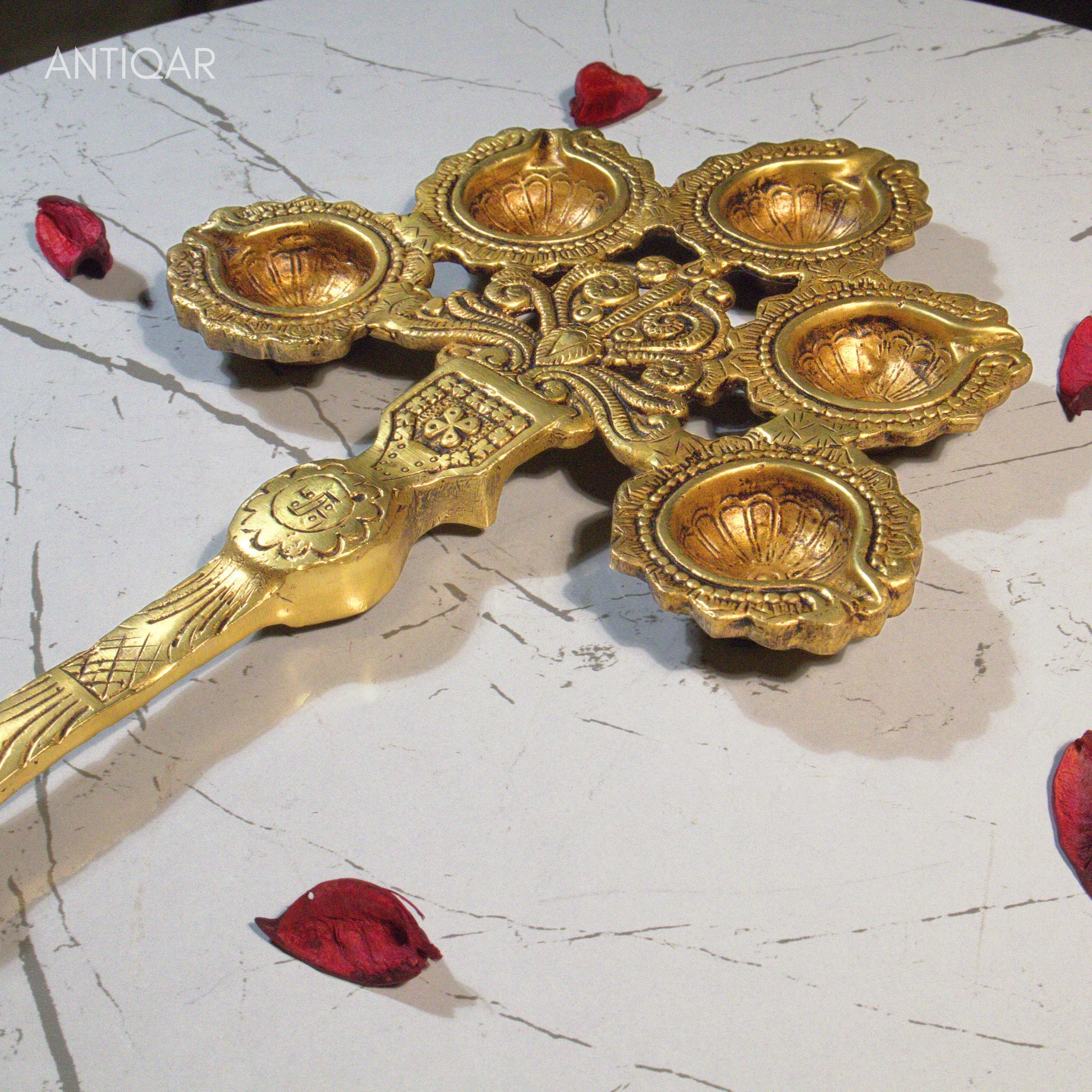 Brass Panch diya Aarti in Vintage Design Handle - 3cm | Antique Golden Finish | Handcrafted for Pooja Temple & Festival Decor