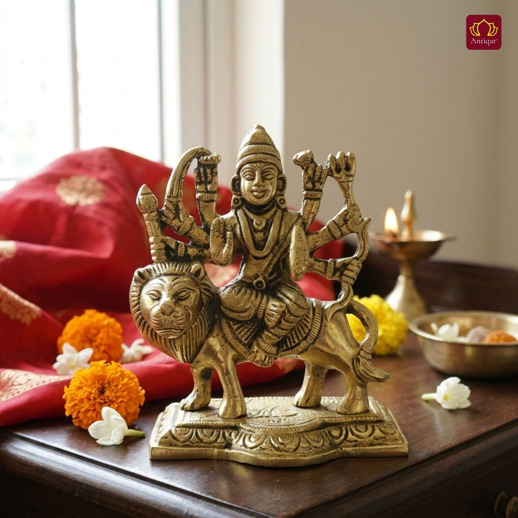 Brass Sherawali Mata Idol – 10 cm | Sitting on Lion | Black Antique Finish | Handcrafted Idol for Temple, Home & Car Dashboard Decor