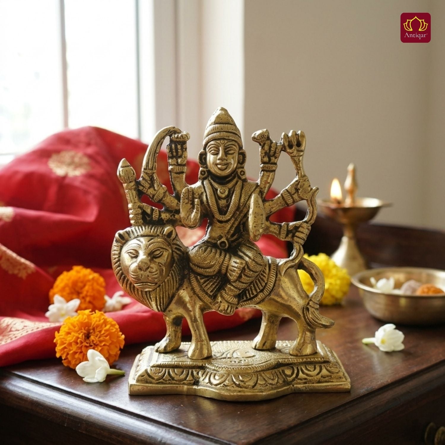 Brass Sherawali Mata Idol – 10 cm | Sitting on Lion | Black Antique Finish | Handcrafted Idol for Temple, Home & Car Dashboard Decor