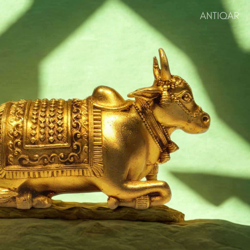 Brass Nandi Figurine - 5cm | Antique Golden Finish | Spritual use for Home, Temple & Car Dashboard Decor