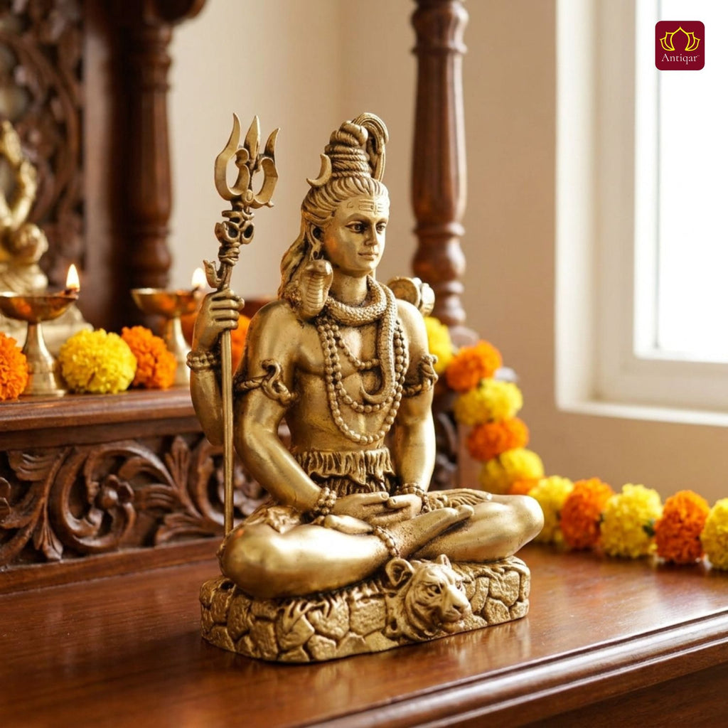 Brass Shiv Ji Idol - 12.5 cm | Antique Finish with Trisul | Spiritual use for Temple, Home & Car Decor