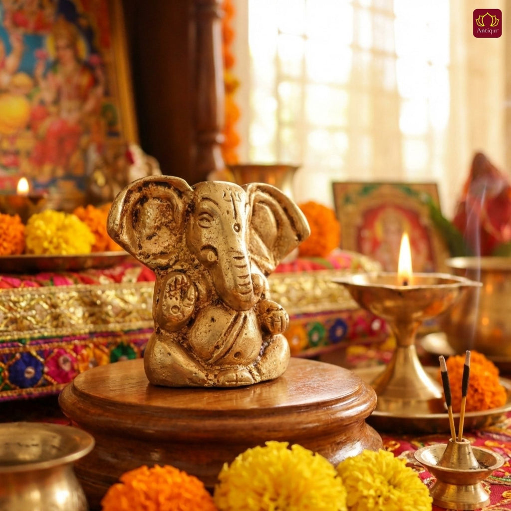 Brass Appu Ganesha Idol – 5 cm | Sitting Position | Antique Golden Finish | Handcrafted Decor for Temple, Home & Festival Use