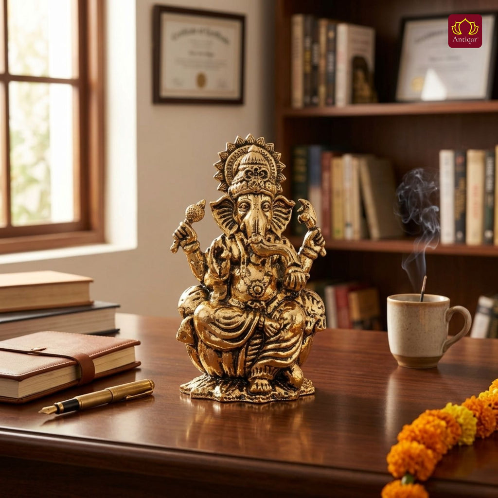 Brass Ganesh JI Idol - 4cm | Golden Finish | Spiritual Decor for Temple, Home & Car Dashboard