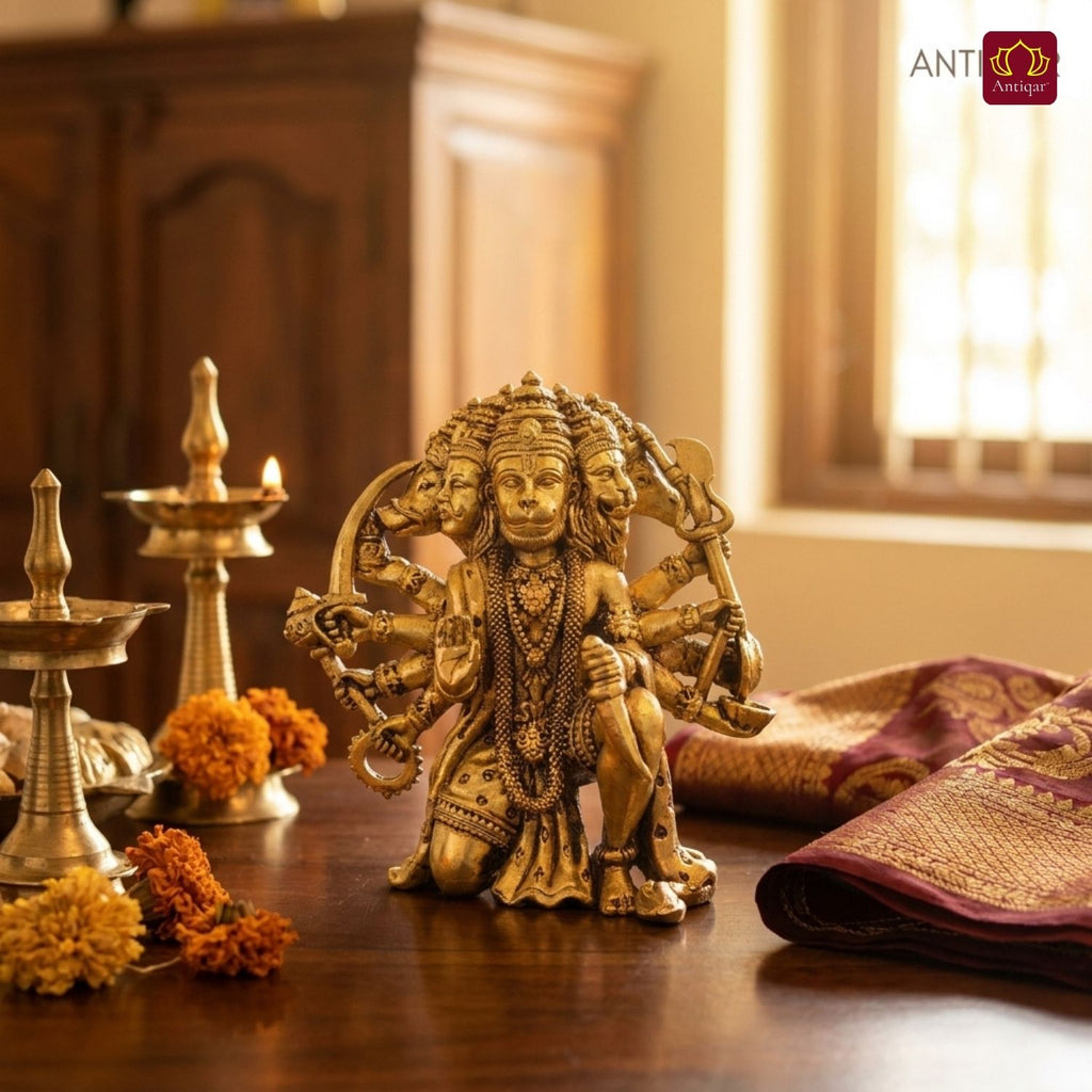 Brass Panchmukhi Hanuman Idol - 8cm | Antique Golden Finish | Spiritual Idol for Temple & Home Decor