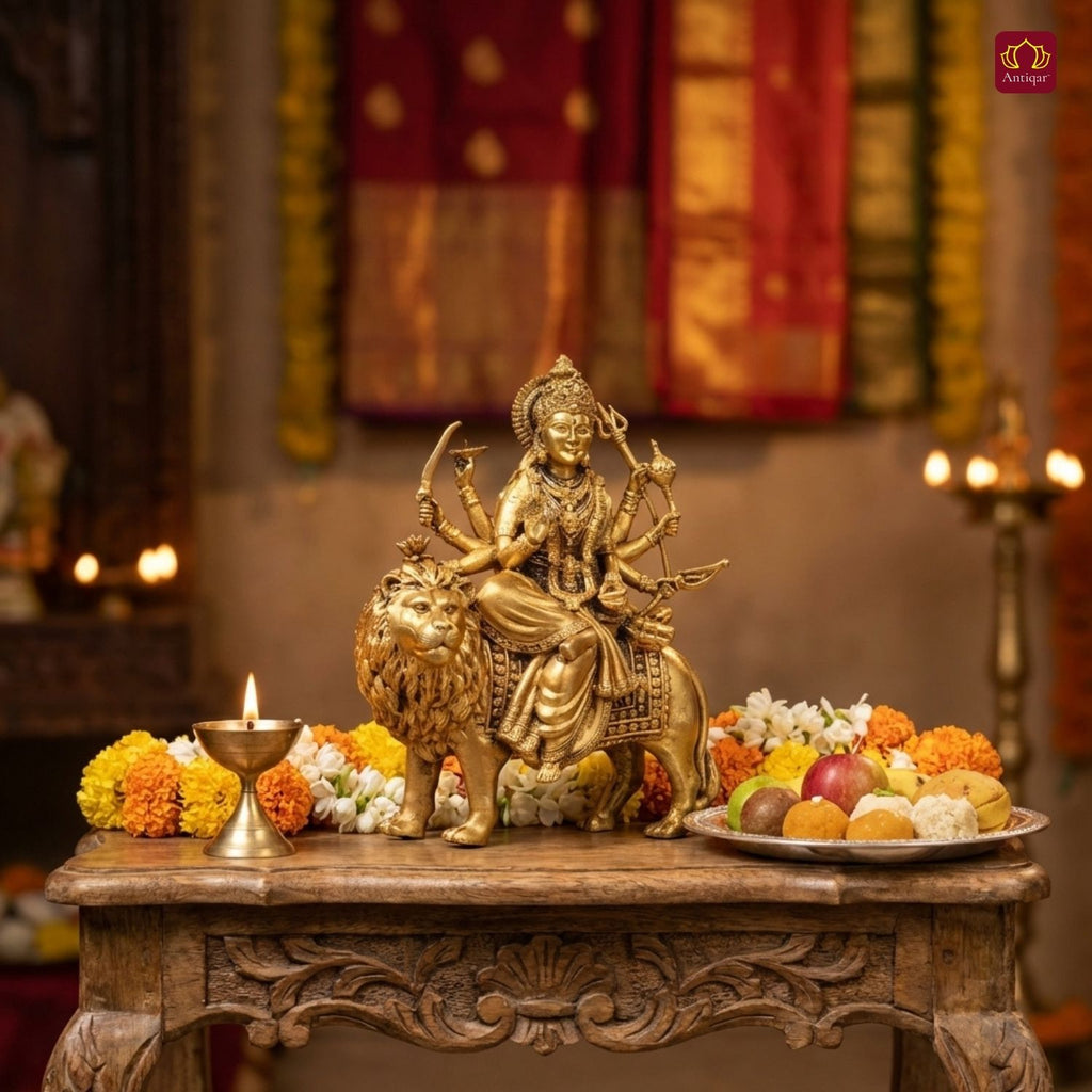 Brass Sherawali Maa Idol - 10cm | Sitting on Lion | Antique Golden Finish | Spiritual Idol for Temple & Home Decor