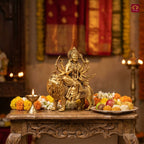 Brass Sherawali Maa Idol - 10cm | Sitting on Lion | Antique Golden Finish | Spiritual Idol for Temple & Home Decor