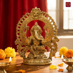 Brass Ganesh Ji Idol with Ornate Frame – 22 cm | Sitting Position with Intricate Carving | Antique Golden Finish | Handcrafted for Temple, Home & Table Decor