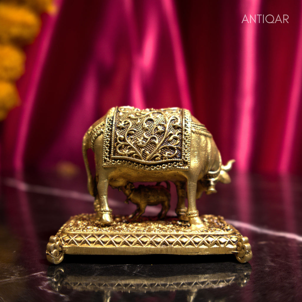 Brass Kamdhenu Cow & Calf Figurine - 4.5cm | Antique Golden Finish | Spritual use for Home, Temple & Dashboard Decor