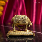 Brass Kamdhenu Cow & Calf Figurine - 4.5cm | Antique Golden Finish | Spritual use for Home, Temple & Dashboard Decor