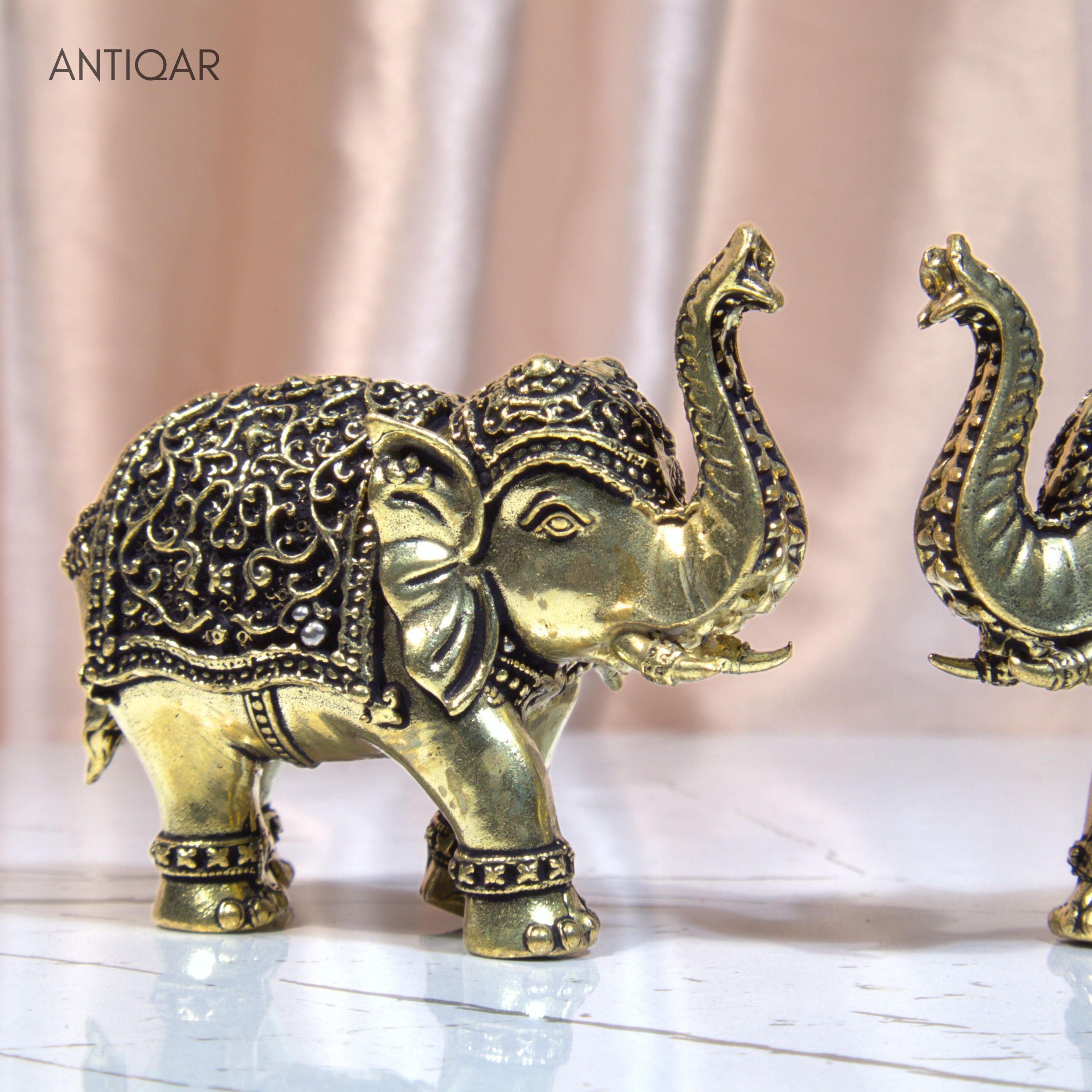 Brass Elephant Pair Showpiece in Vintage Design - 5cm | Antique Golden Finish | Decorative Figurines for Temple, Home & Office (Pack of 2)