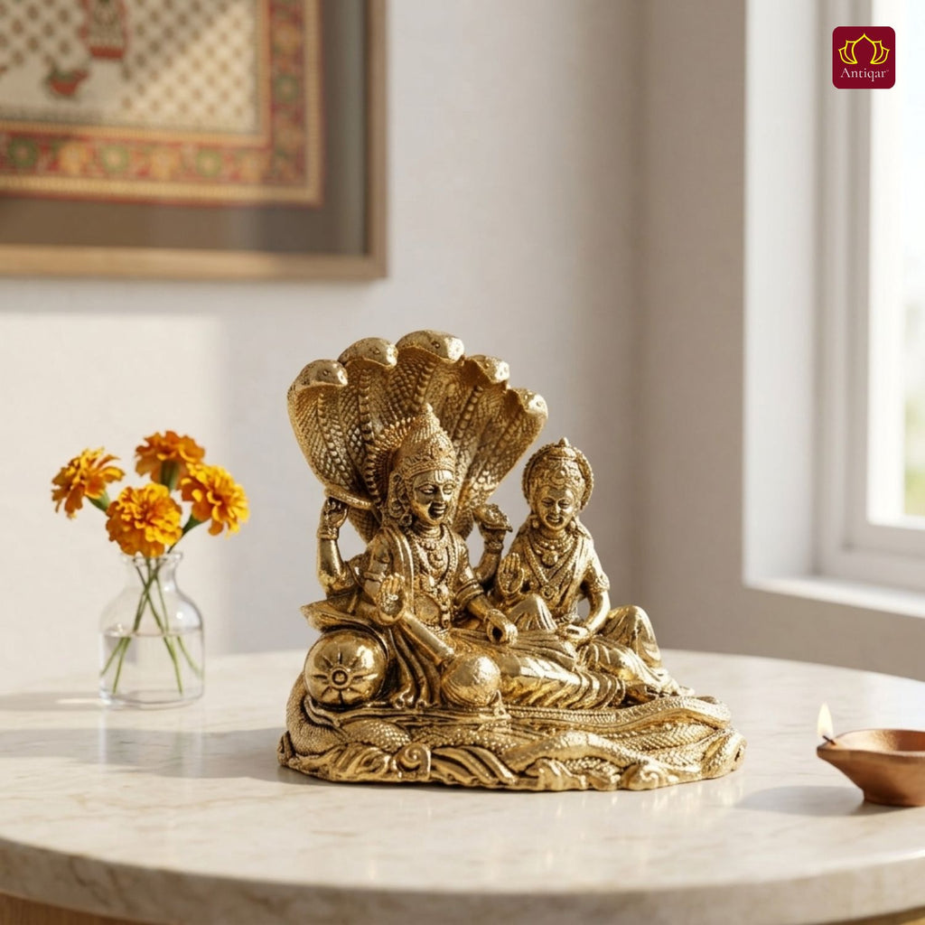 Brass Lakshmi Narayan Idol - 7cm  | Golden Finish | Spiritual Idol for Temple, Home & Car Dashboard Decor
