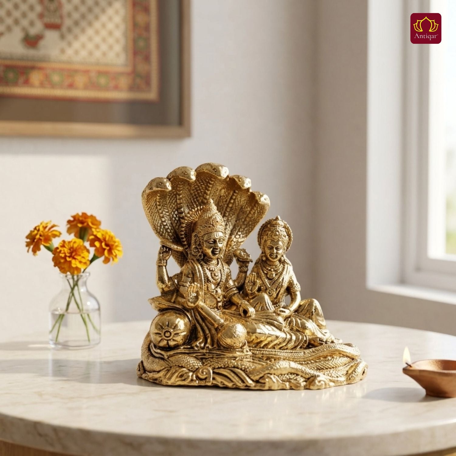 Brass Lakshmi Narayan Idol - 7cm  | Golden Finish | Spiritual Idol for Temple, Home & Car Dashboard Decor