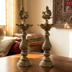 Brass Peacock Oil Lamp –20 cm | Antique Finish | Handcrafted Decor for Temple, Table & Home (Pack of 2)