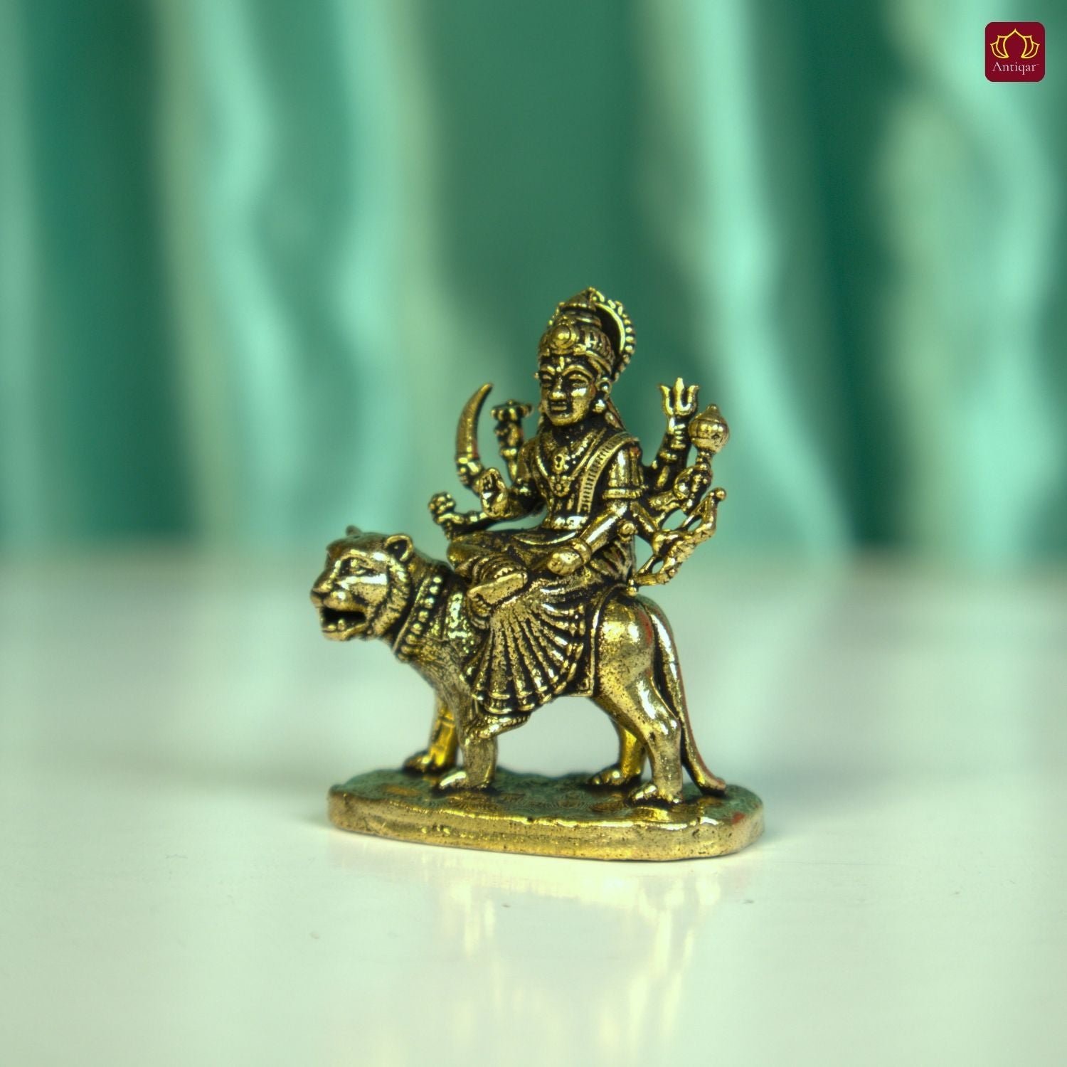 Brass Miniature Sherawali Maa Idol - 4cm | Antique Finish | Spritual use for Home, Temple & Car Dashboard Decor