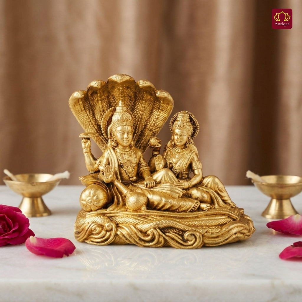 Brass Lakshmi Narayan Idol - 5cm  | Antique Golden Finish | Spiritual Idol for Temple, Home & Car Dashboard Decor