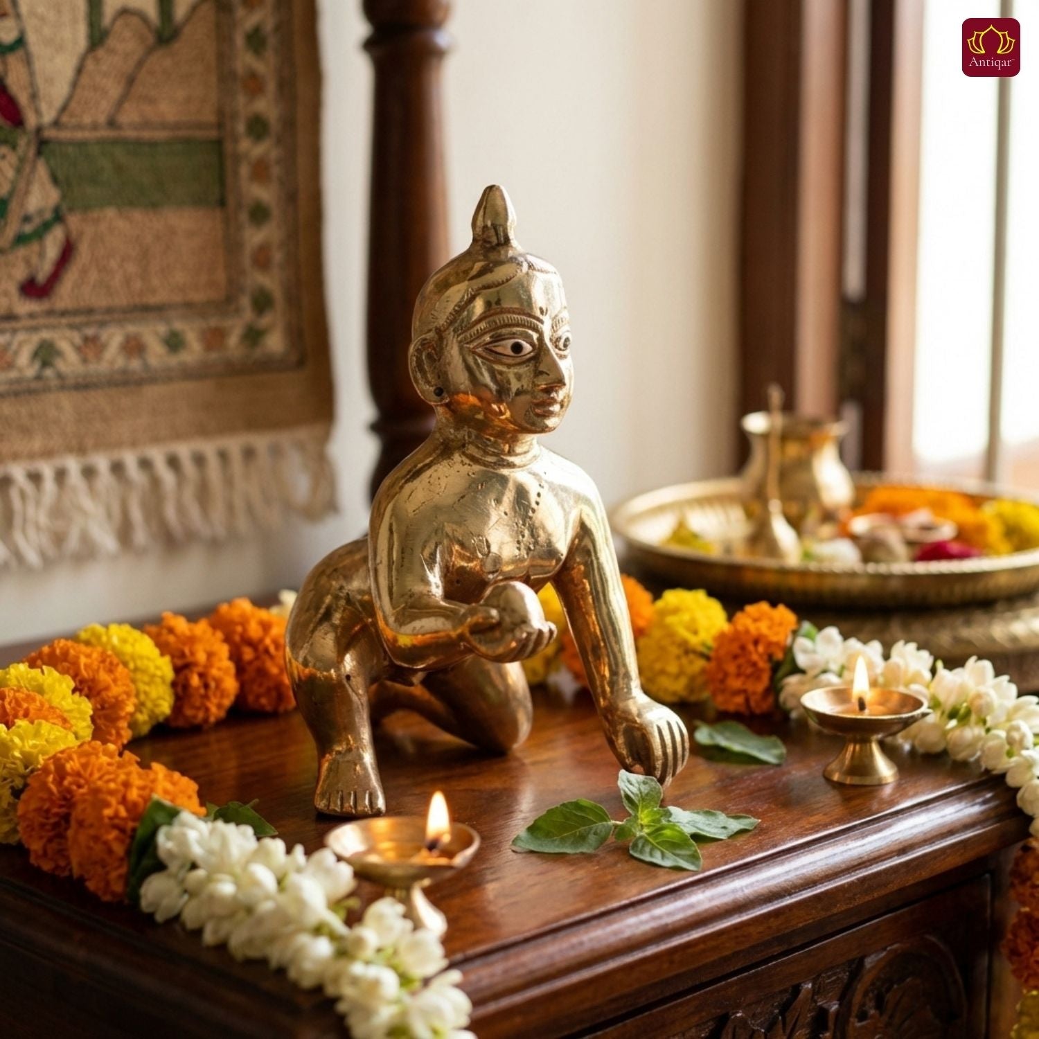 Handcrafted Laddu Gopal Brass Idol - 10cm | Superfine Finish | For Pooja, Temple & Car Dashboard Decor