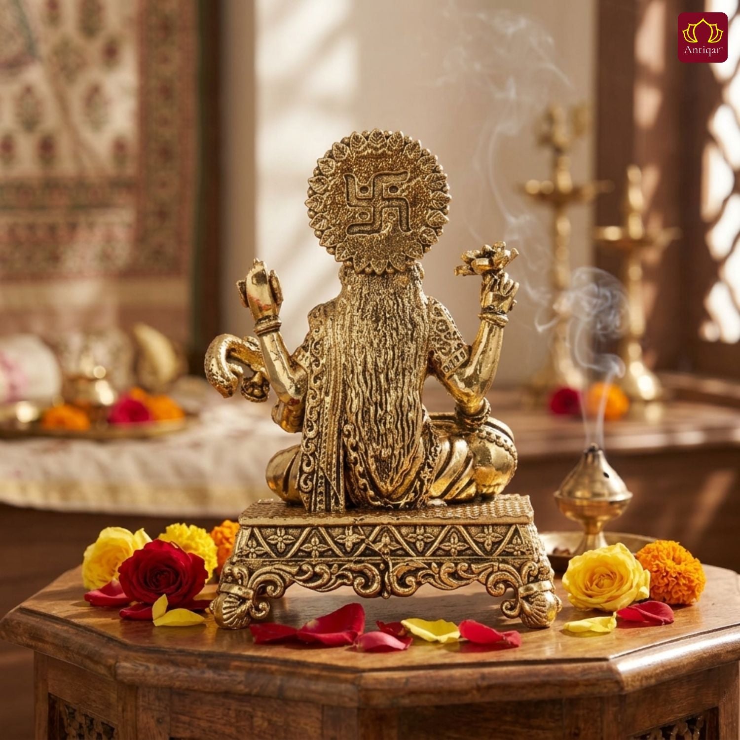 Brass Saraswati Ji Idol - 4.5cm | Antique Golden Finish | Spritual use for Home, Temple & Car dashboard Decor