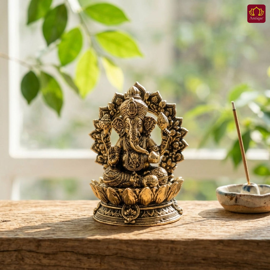 Brass Ganesh JI Idol - 4cm | Golden Finish | Spiritual Decor for Temple, Home & Car Dashboard