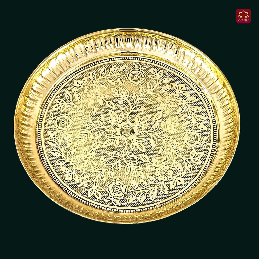 Brass Etching Floral Design Plate - 2cm | Serve Main Course items in Lunch & Dinner | Antique Golden Finish | Traditional Mughlai Style use for serving in Kitchen, Festivals and Restaurents