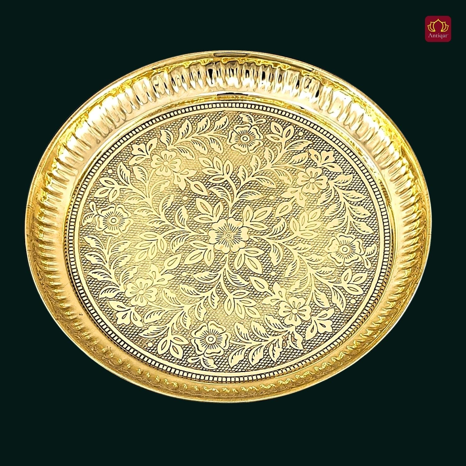 Brass Etching Floral Design Plate - 2cm | Serve Main Course items in Lunch & Dinner | Antique Golden Finish | Traditional Mughlai Style use for serving in Kitchen, Festivals and Restaurents
