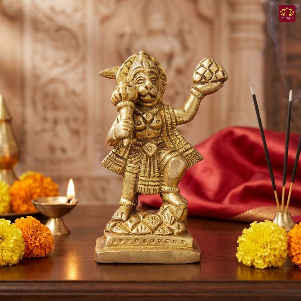 Standing Hanuman Ji Brass Idol - 8cm | Antique Golden Finish | Handcrafted Statue for Temple, Home & Car Dashboard Decor