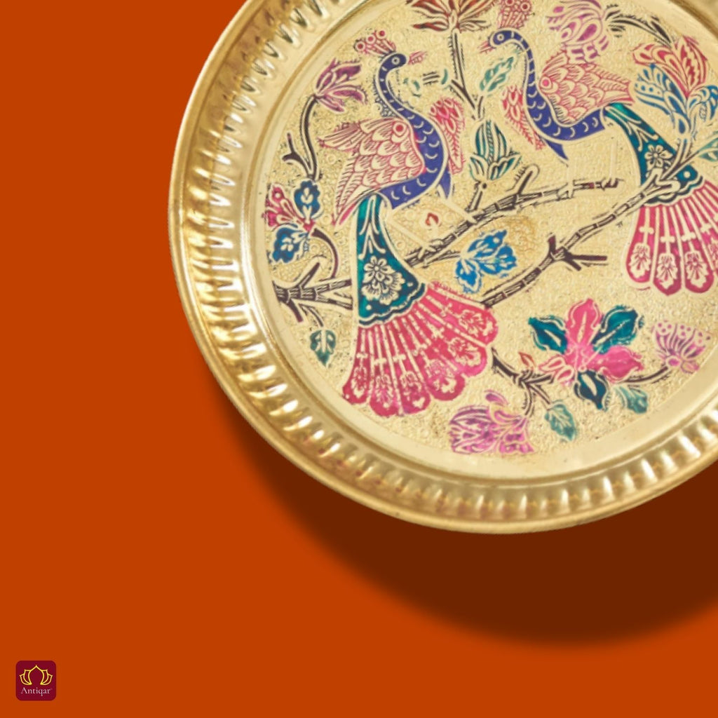 Brass Meenakari Art Design Plate - 2cm | Serve Main Course items in Lunch & Dinner | Antique Golden Finish | Traditional Mughlai Style use for serving in Kitchen, Festivals and Restaurents