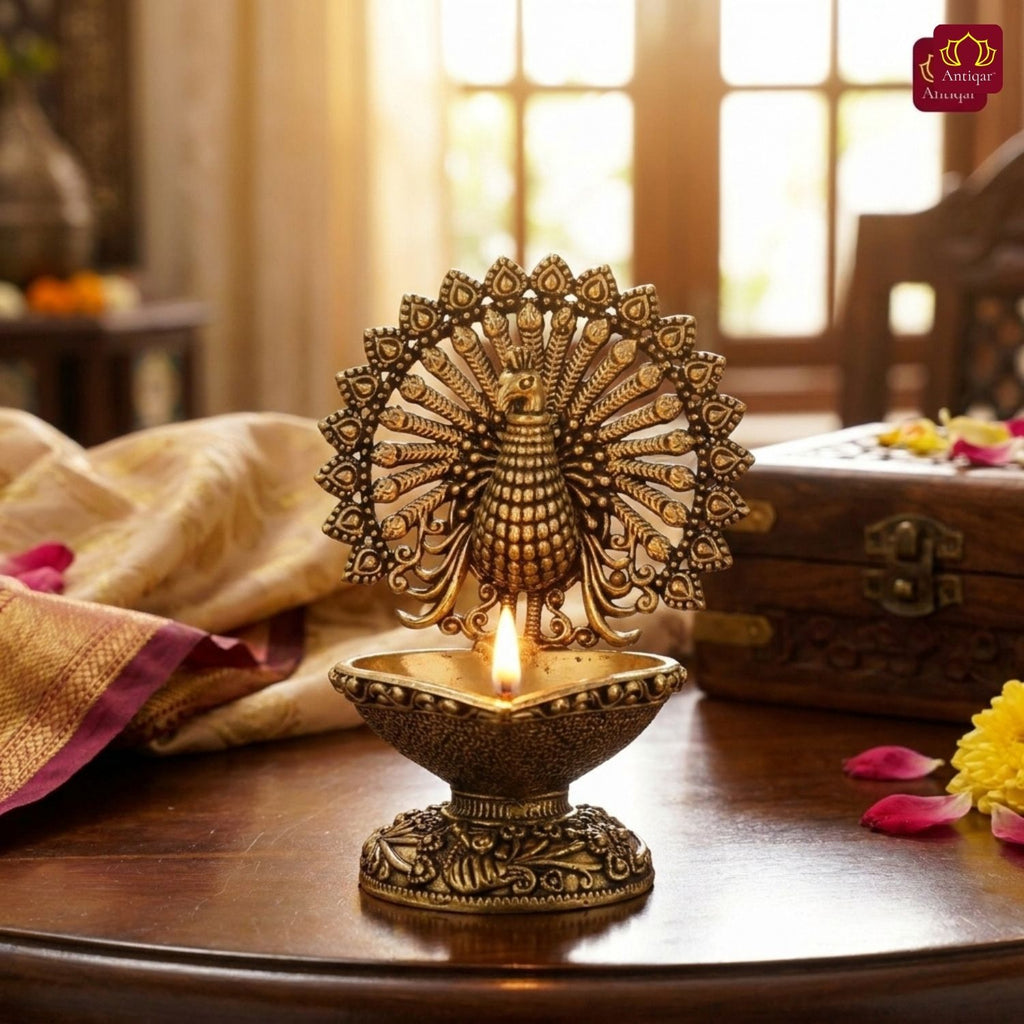 Brass Dancing Peacock on Diya - 7.5cm | Antique Finish | Spritual use for Pooja, Temple & Festival Decor